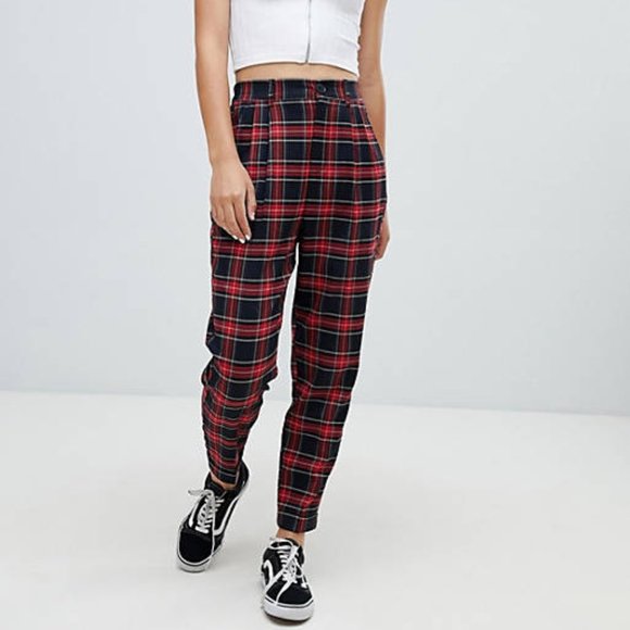 Bershka Pants - Bershka Red Plaid High Rise Tapered Pants